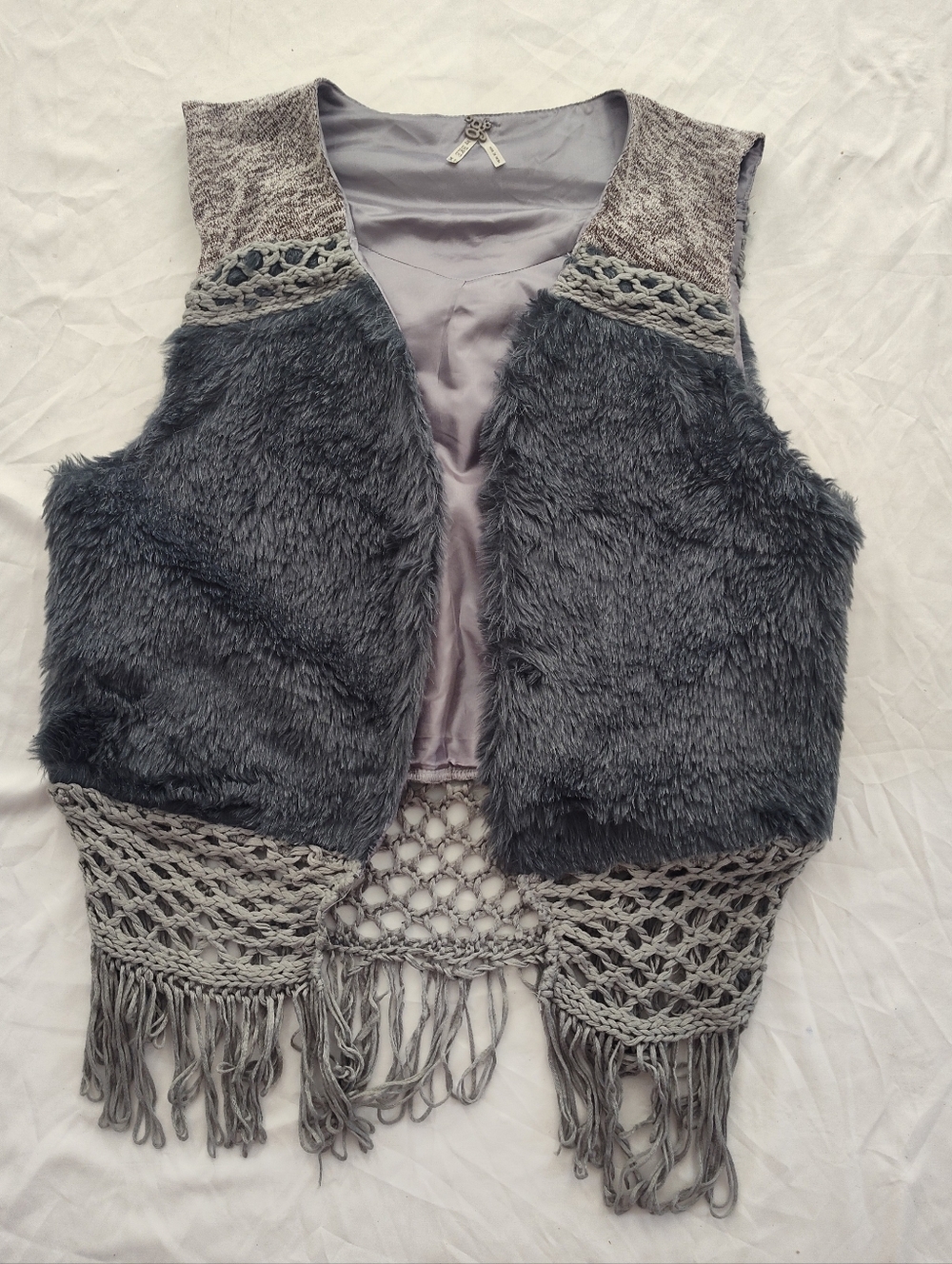 BKE Gray Faux Satin Lined Vest with Knit Trim XL